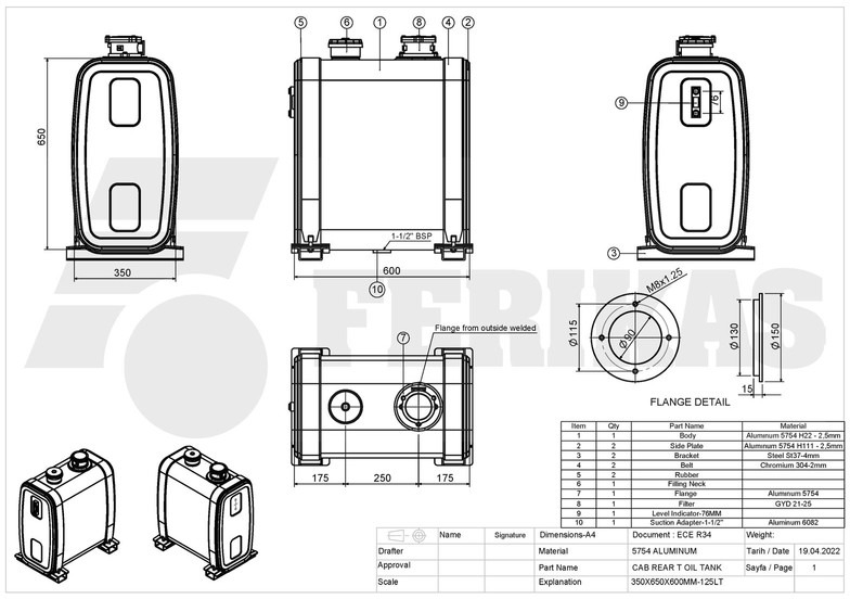 Bồn thủy lực cho Xe tải mới Hydraulic aluminum oil tank 125L: hình 10